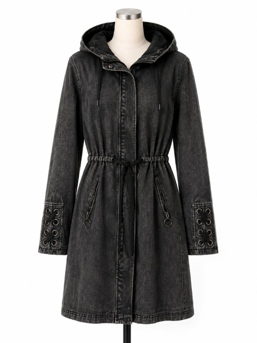 Oxygen Black Acid Wash Lace-Up Hooded Jacket / Utility Parka XL